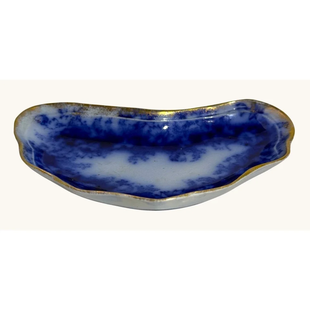 Antique Flow Blue Bone Dish W&E Corn Garland Porcelaine Royale Gold Trim 1890s - Picture 5 of 9